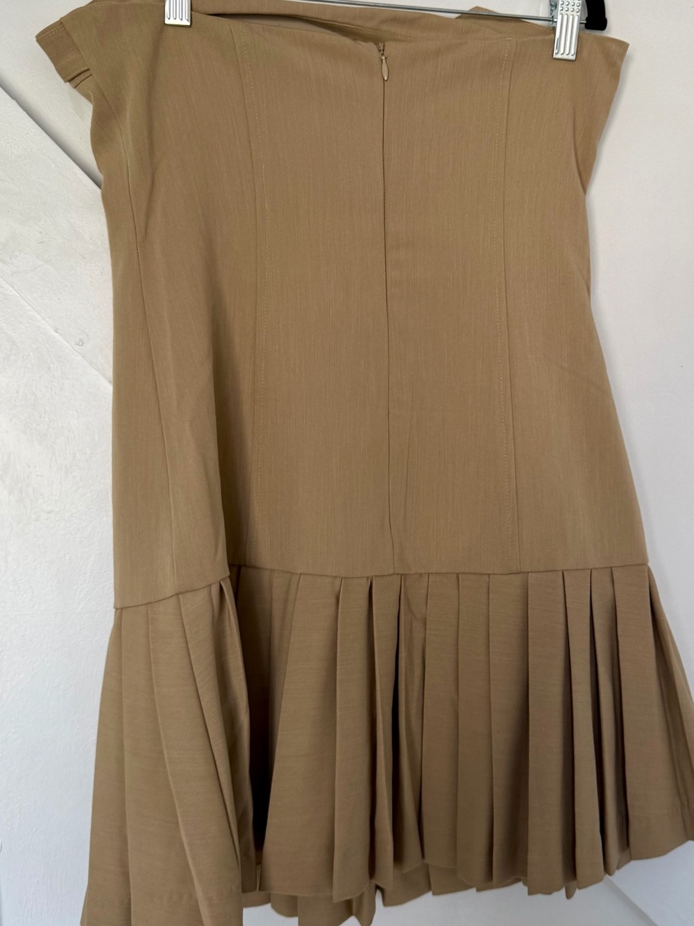 Maeve Strapless Pleated Hem Dress in Tan